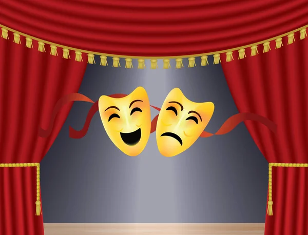 Rideau Théâtre Avec Comédie Masques Tragiques Vecteur — Image vectorielle