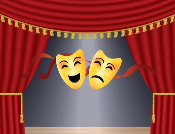 Theater Gordijn Met Komedie Tragedie Maskers Vector — Stockvector