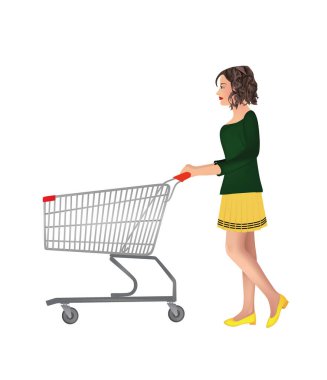 Kadın alışveriş arabası itiyor, vektör.