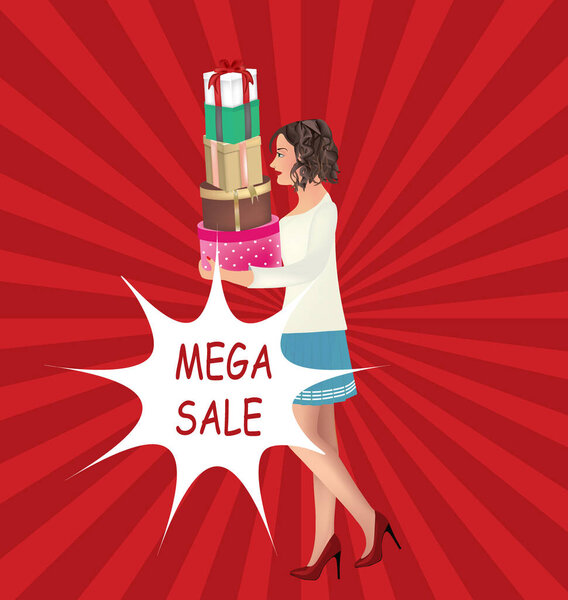 Retro woman holding presents. vector illustration