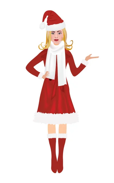 Femme Noël Manteau Rouge Tenant Quelque Chose Vecteur — Image vectorielle
