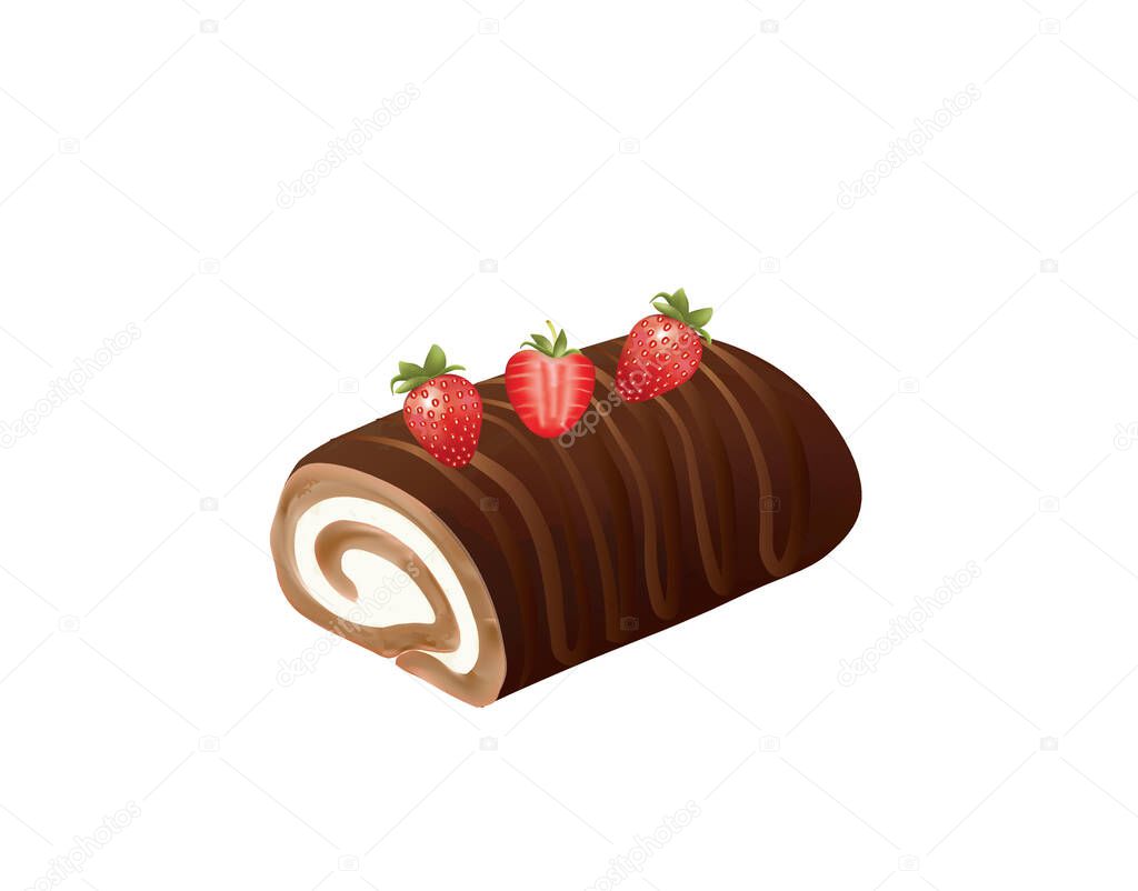 Chocolate strawberry roll cake . vector illustration