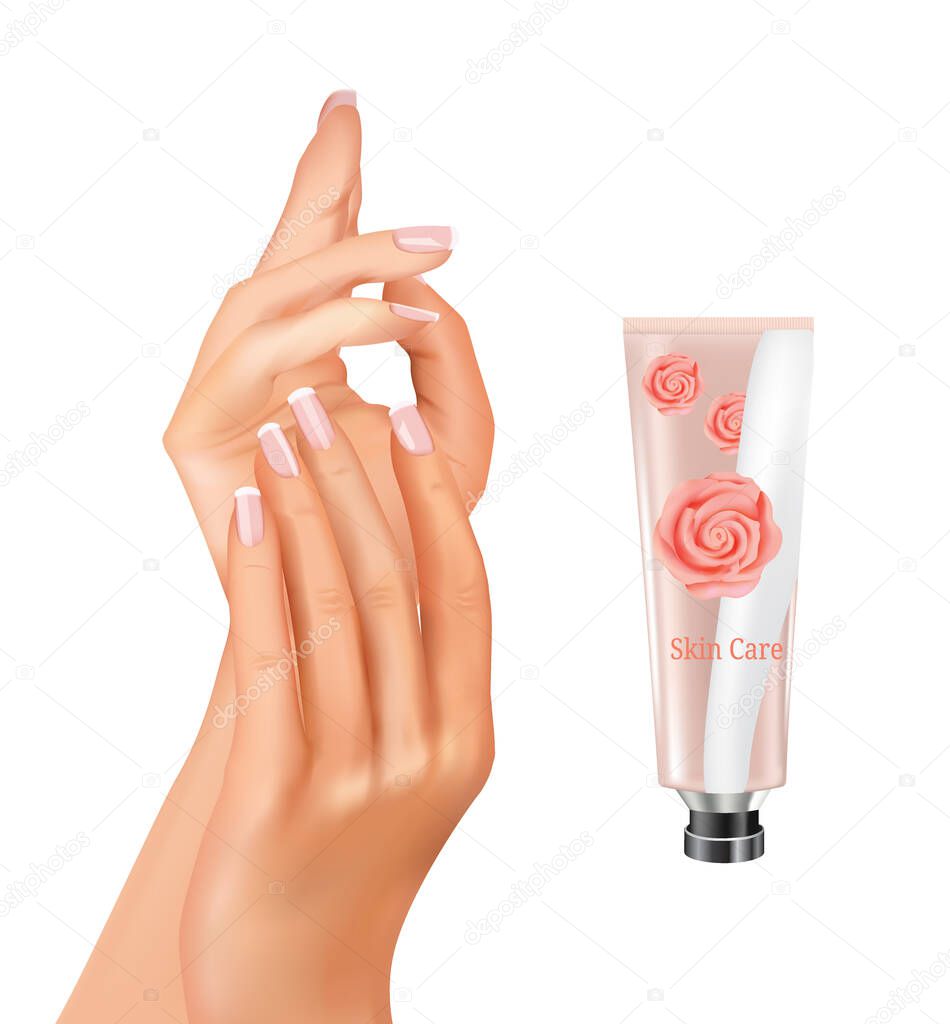 Woman hands with hand cream. vector illustration