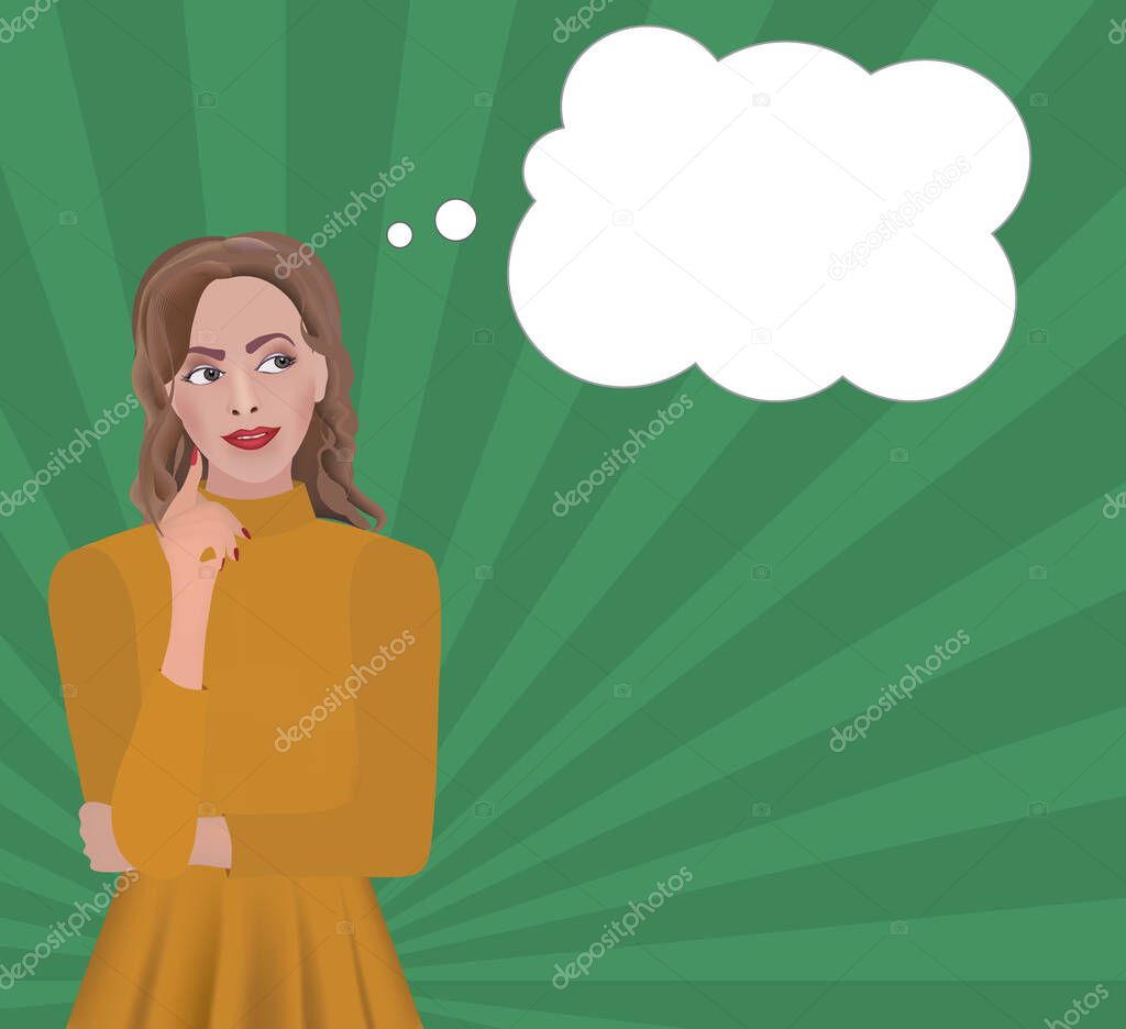 Woman in yellow blouse thinking. vector