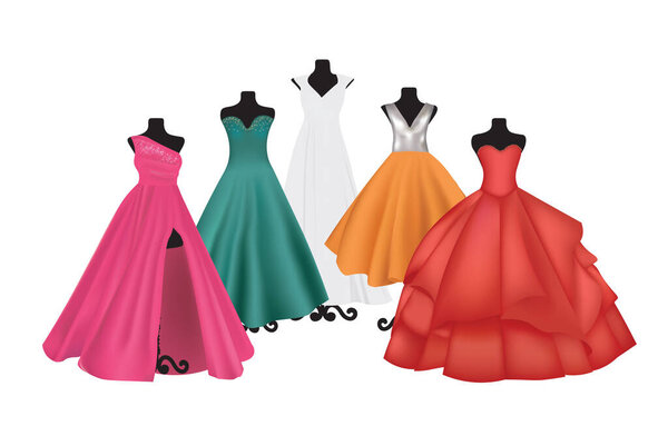 Elegant dresses on mannequin set, vector