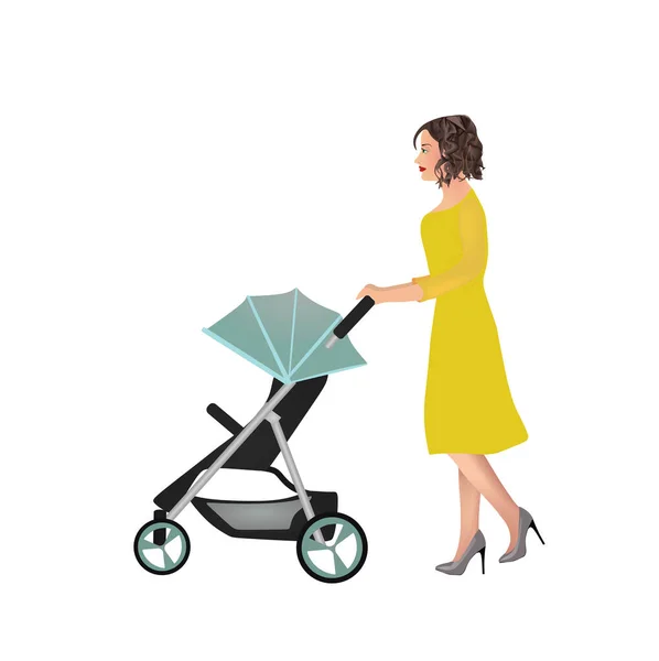 Mulher Empurrar Carrinho Bebê Vetor —  Vetores de Stock