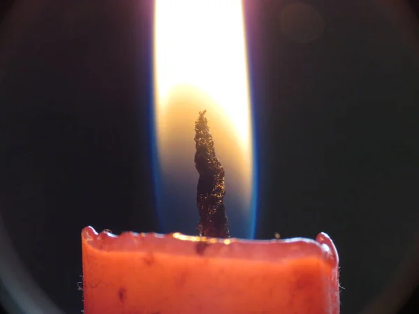 Candle Lit Flame Candle Burns Close You Can See Even — Stock Photo, Image