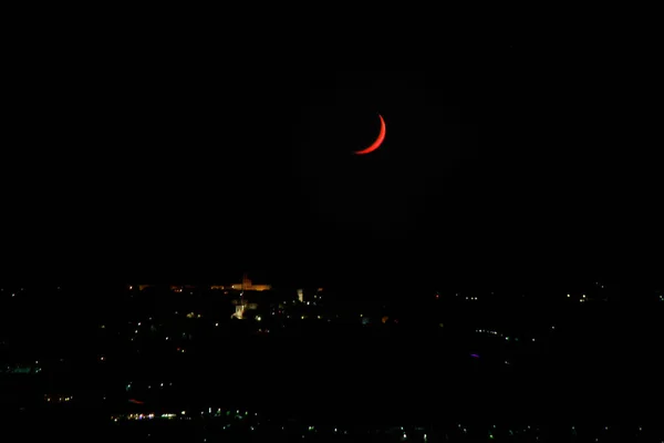 Sickle Moon Starting Sunset Night Lights Small Town Hill — Foto Stock