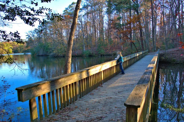 バージニア州の湖に沿って木のハイキング橋の女の子は秋の色を楽しんで — ストック写真