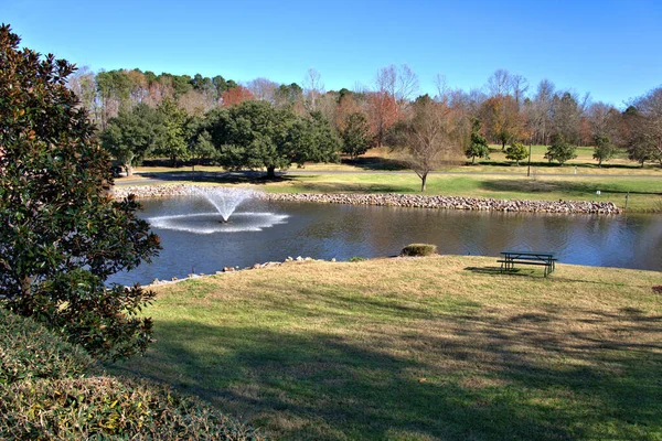 Banco Picnic Junto Lago Con Una Fuente — Foto de Stock