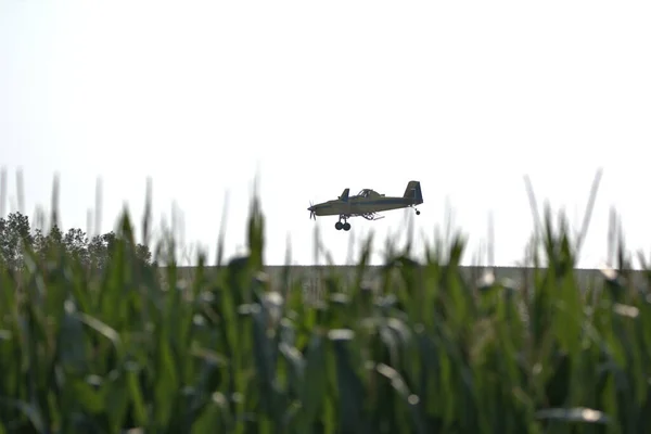 Silhouette Crop Duster Spraying Corn Field Nebraska — Stock Photo, Image
