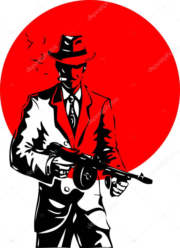 vector drawing of american mobster on red background