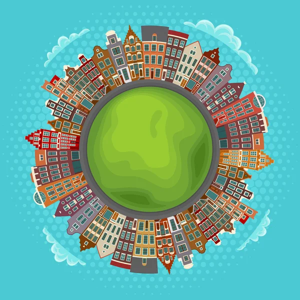 Amsterdam domy, malé zelené planety — Stockový vektor