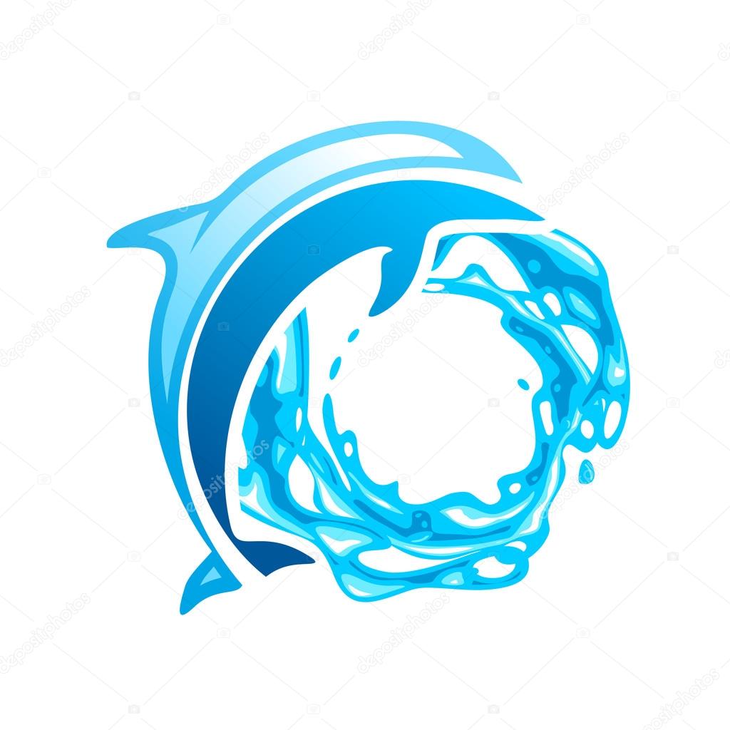 Dolphin vector emblem, blue dolphin on the waves