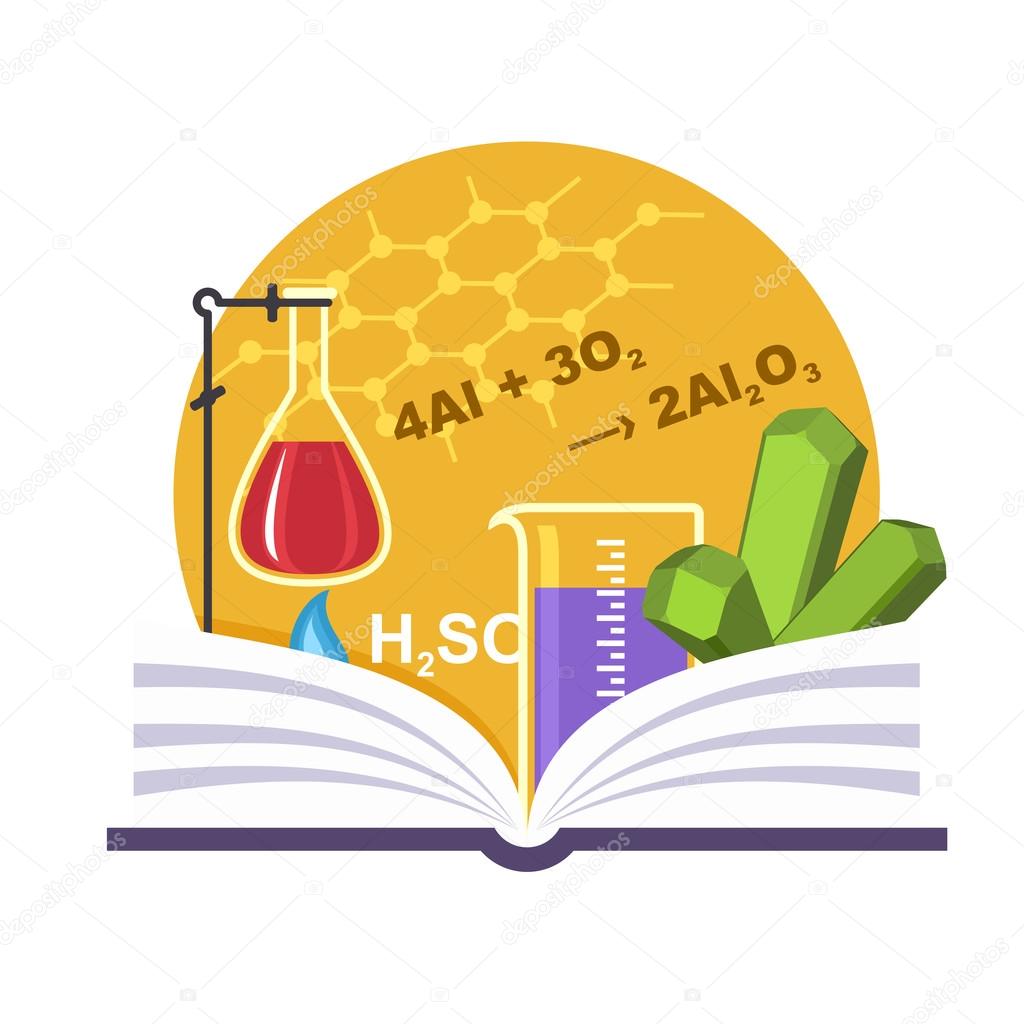 Chemistry emblem with a crystals, bulb and some formulas
