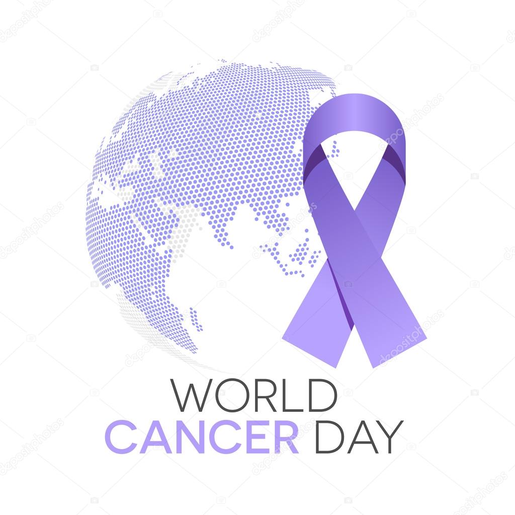 World cancer day illustration, lavender ribbon and the globe in background
