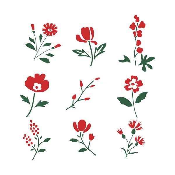 Conjunto Flores Rojas Decorativas Sin Costuras — Vector de stock