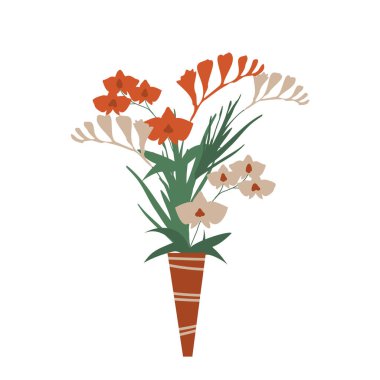 İzole edilmiş çiçek frezyası ve orkide buketi.