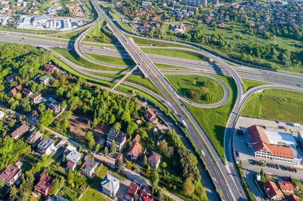 Autópálya Többszintű Átkelés Spagetti Csomópont Nemzetközi Autópályán Orbitális Krakkóban Lengyelországban — Stock Fotó