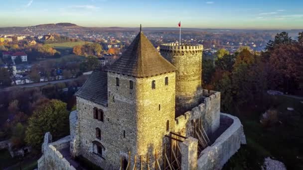 Μεσαιωνικό Γοτθικό Κάστρο Στο Bedzin Άνω Σιλεσία Πολωνία Εναέρια Αποκαλύπτοντας — Αρχείο Βίντεο