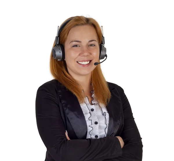 Kobieta biurko z zestawu słuchawkowego — Zdjęcie stockowe