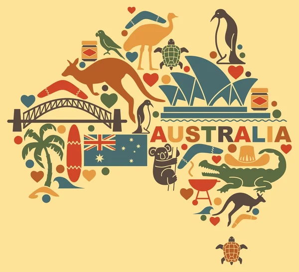 Australische Symbole in Form einer Landkarte — Stockvektor