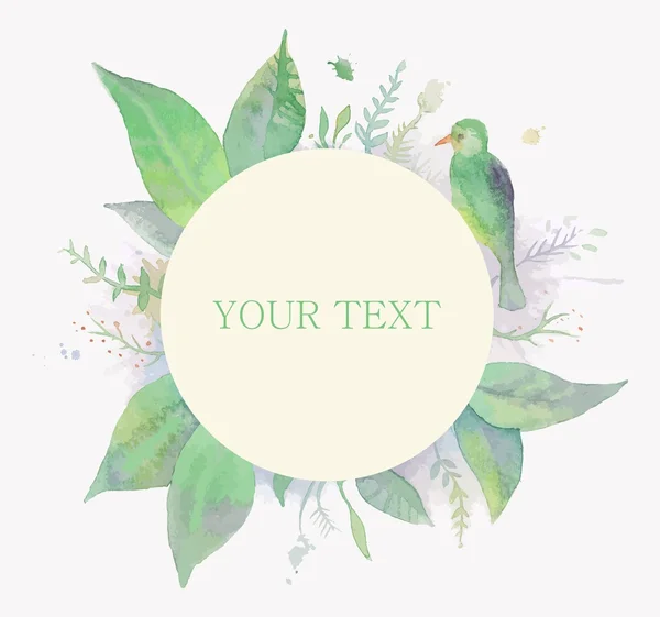 Watercolor frame for text with leaves and bird — Stock Vector