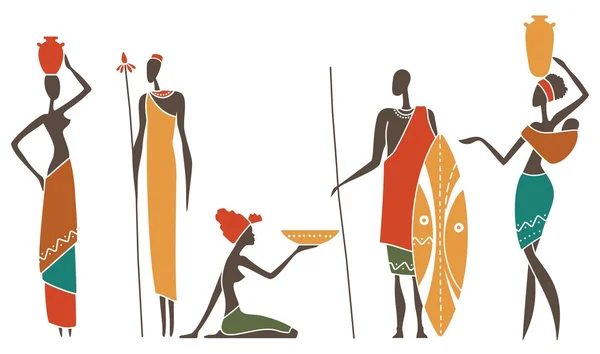 Siluetas de hombres y mujeres africanos nativos — Vector de stock