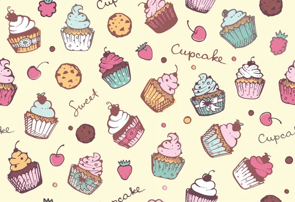 Seamless background with cupcakes. Vector pattern — Stock Vector