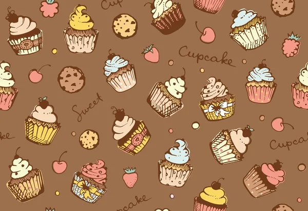 Fundo sem costura com cupcakes. Padrão vetorial — Vetor de Stock