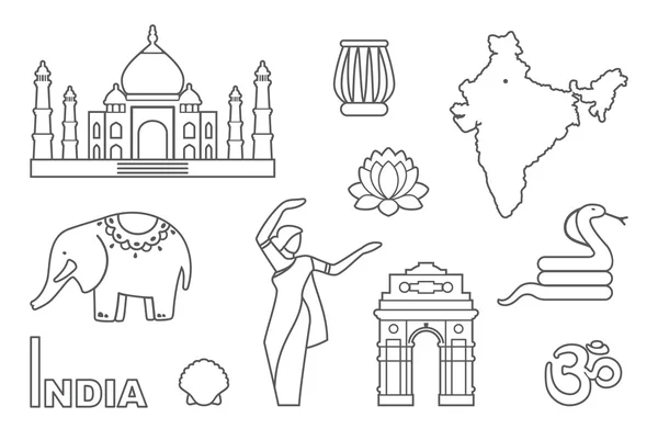 Símbolos tradicionais da Índia. Ícones de contorno —  Vetores de Stock