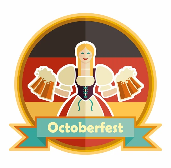 Красивая баварская девушка с пивом. Лейбл Oktoberfest — стоковый вектор