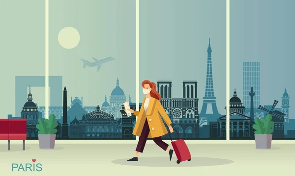 Jeune femme masquée avec bagage à l'aéroport de Paris — Image vectorielle