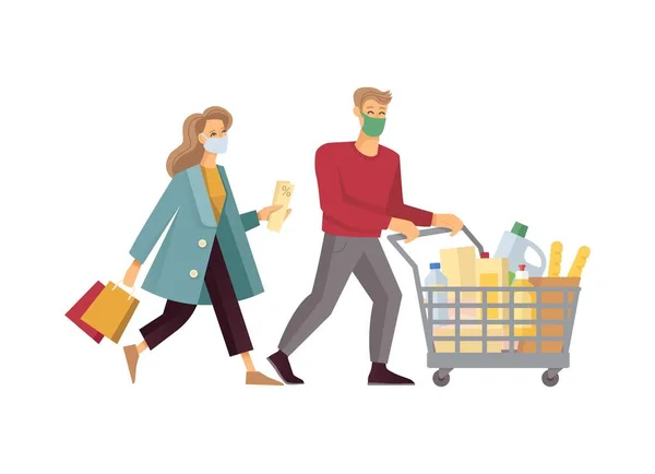 Un jeune couple avec un panier achète de la nourriture — Image vectorielle