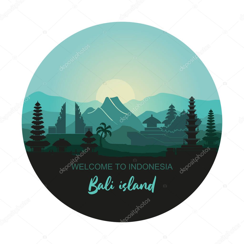 Round illustration with abstract landscape of the Indonesian island of Bali with the main attractions