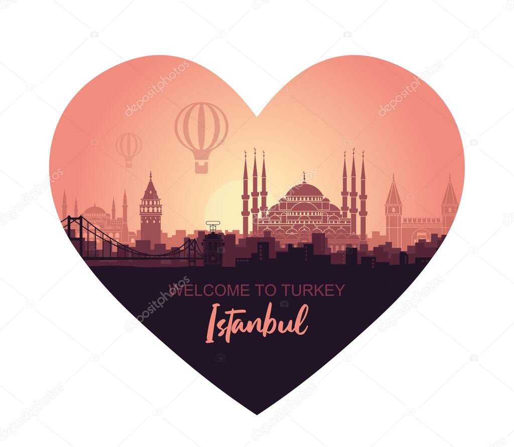 Landscape of the Turkish city of Istanbul. Abstract skyline with the main attractions in the form of a heart