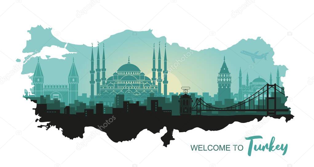 Landscape of the Turkish city of Istanbul. Abstract skyline with the main attractions in the form of a map