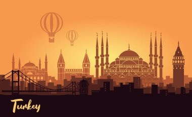 Türkiye 'nin İstanbul kentinin manzarası. Günbatımında ana göstergelerle soyut şehir manzarası