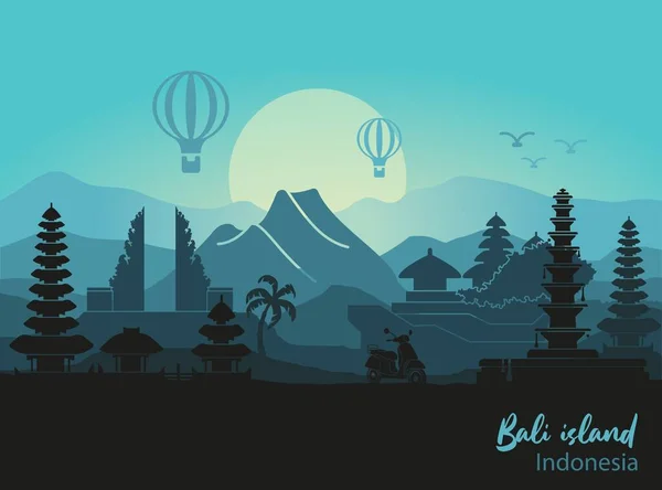 Paisaje abstracto de la isla indonesia de Bali con las principales atracciones — Vector de stock