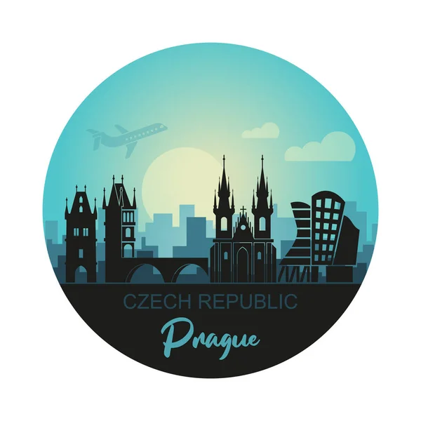 Stylized landscape of Prague with the main sights at sunset in the form of a circle — Stock Vector