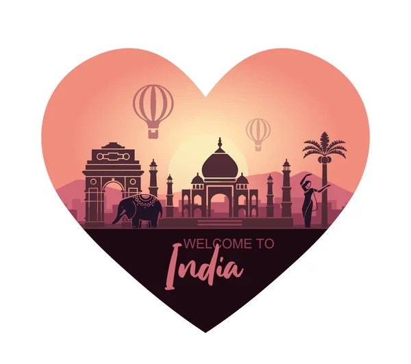 Stylized heart-shaped landscape with the sights of India and a dancing woman — Stock Vector