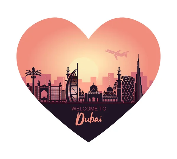 Abstract heart-shaped Dubai city landscape with sunset background — Stock Vector