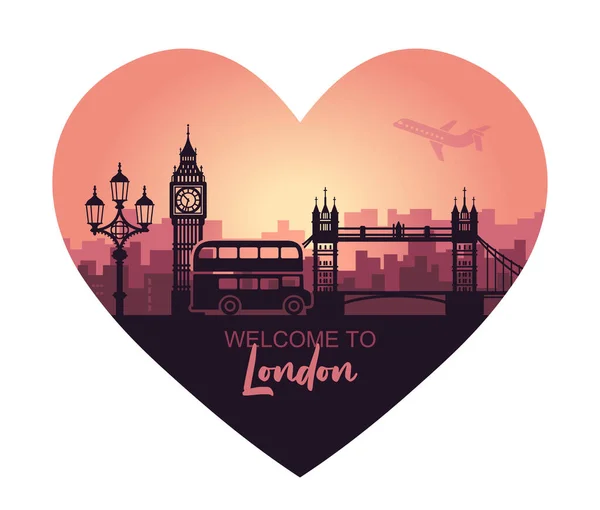 Kivonat szív alakú városkép Londonról, naplementekor látnivalókkal — Stock Vector