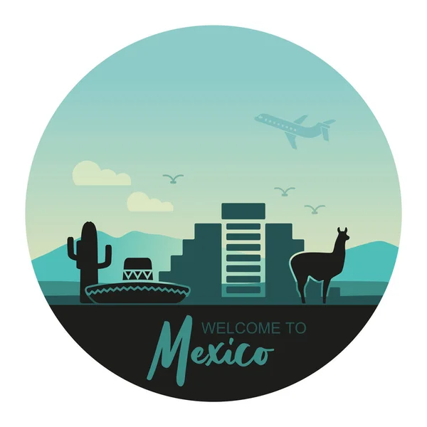 Stylized round landscape of Mexico with a llama, cactuses and ancient pyramid. — Stock Vector