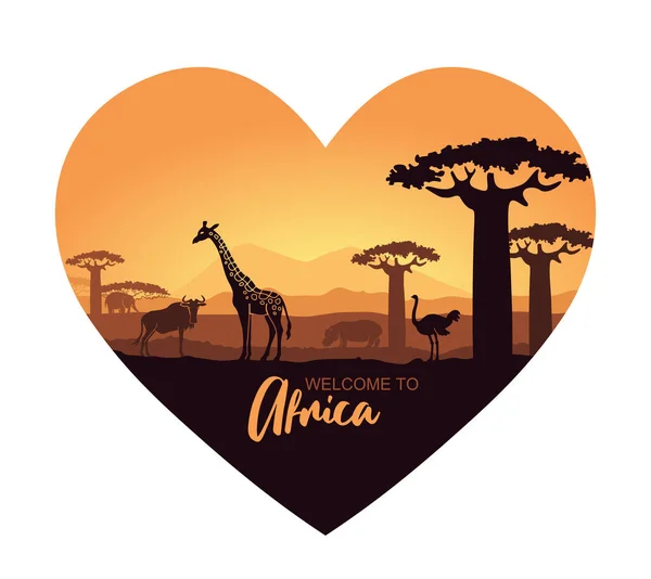 Estilizado paisaje africano en forma de corazón con animales salvajes. Ilustración vectorial — Vector de stock