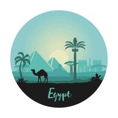 Gün batımında Mısır 'ın stilize edilmiş manzarası bir daire şeklinde. Vektör illüstrasyonu