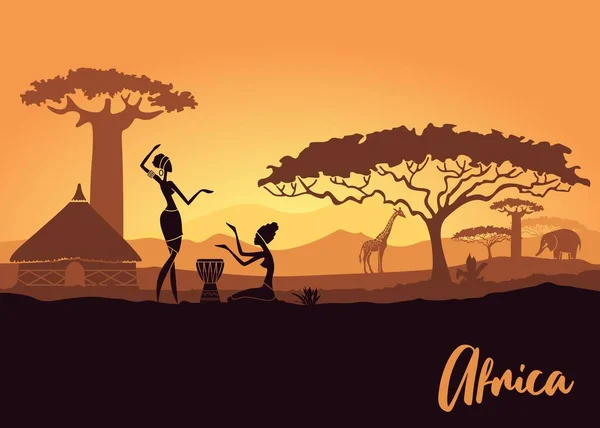 Mujeres tribales en el fondo de un paisaje africano al atardecer — Vector de stock