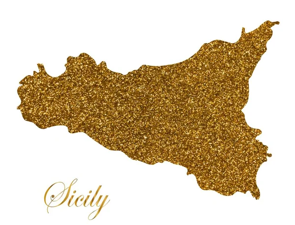 Karta över ön Sicilien. Silhuett med gyllene glitter konsistens — Stock vektor