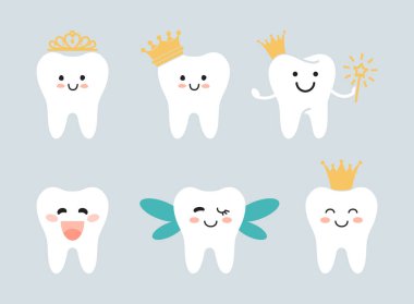 Taçlı ve kanatlı diş perileri. Kawaii tarzında düz çizimler