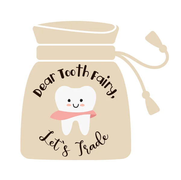 Bolso de hada de los dientes con un diente de niña y la inscripción — Archivo Imágenes Vectoriales